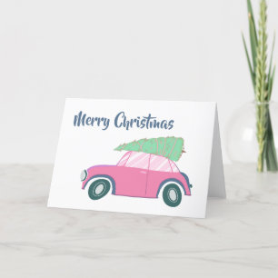 レトロなピンクの車とツリーのウィムシカルなクリスマスアート シーズンカード