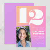 レトロなピンクオレンジの12歳の誕生日招待状 招待状 (正面/裏面)