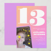 レトロなピンクオレンジの13歳の誕生日招待状 招待状 (正面/裏面)