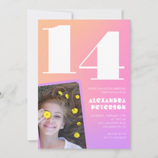 レトロなピンクオレンジの14歳の誕生日招待状 招待状 (正面)