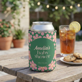 レトロなピースサインの花 グリーン ピンク ベビーシャワー 缶クーラー