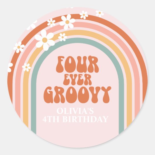 レトロなフォーエバーグルーヴィーなひまわりの虹の4歳の誕生日 ラウンドシール (正面)