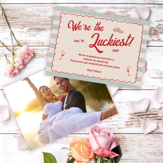 レトロなブルーストライプスの結婚式フォト サンキューカード