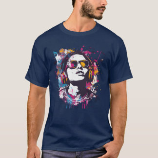 レトロなヘッドホンを使った鮮やかな音楽アート Tシャツ
