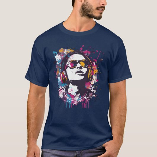 レトロなヘッドホンを使った鮮やかな音楽アート Tシャツ (正面)