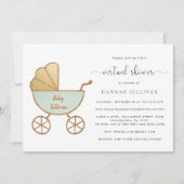 レトロなベビーカーの水彩 ミント色 バーチャルベビーシャワー 招待状 (正面)