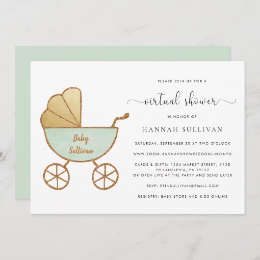 レトロなベビーカーの水彩 ミント色 バーチャルベビーシャワー 招待状 (正面/裏面)