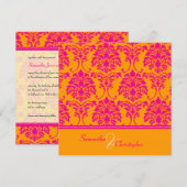 レトロなホットピンクのダマスク結婚式の招待状 招待状 (正面/裏面)