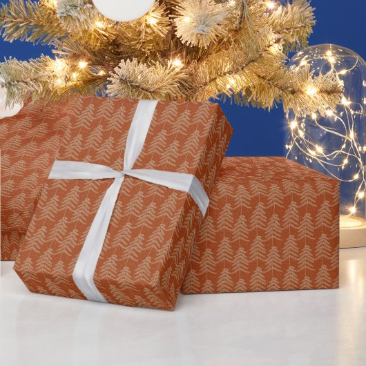 レトロなホリデー松の木柄　錆びた金色の茶色 ラッピングペーパー (クリスマス)