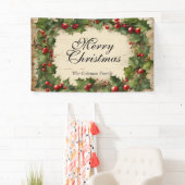レトロなホーリーとベリーのメリークリスマス 横断幕 (インサイチュ)