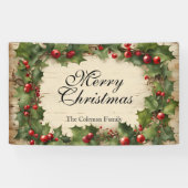 レトロなホーリーとベリーのメリークリスマス 横断幕 (横)