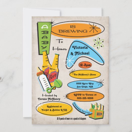 レトロなボトルとビールのベイビーシャワーの招待状 招待状 (正面)