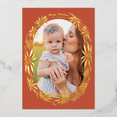 レトロなポインセチアのオーバルフレーム写真 赤 箔シーズンカード (正面)