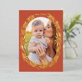 レトロなポインセチアのオーバルフレーム写真 赤 箔シーズンカード (立ち正面)