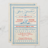 レトロなポスター 赤、白、青のウェディング, 出席のご返事ください 招待状 (正面/裏面)