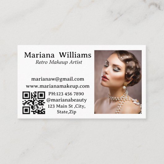 レトロなメイクアップアーティストqrコードフォトシンプルー 名刺 (正面)