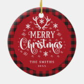 レトロなメリークリスマス 赤と白のカスタム セラミックオーナメント (裏面)