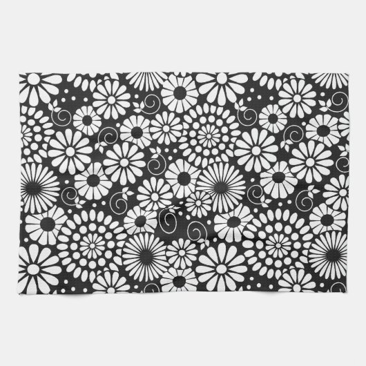 レトロなモノクロの花のタオル キッチンタオル (横)