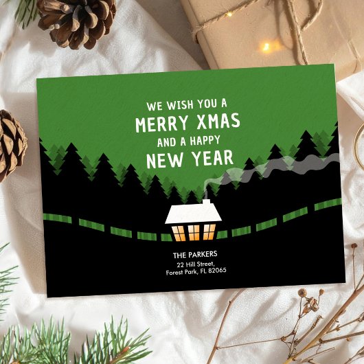 レトロなモミの木と緑と黒のメリークリスマス カード