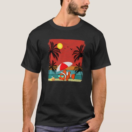 レトロなヤシの木のグラフィックと魚 ビーチ サマー Tシャツ (正面)