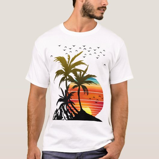レトロなヤシの木 山の夕日 Tシャツ (正面)