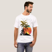 レトロなヤシの木 山の夕日 Tシャツ (正面フル)