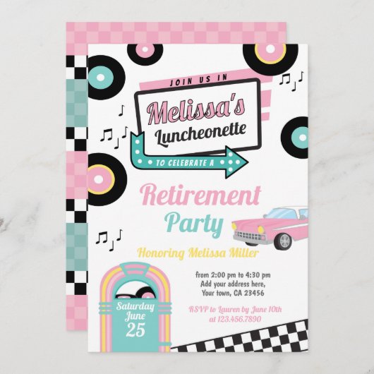 レトロなランチョンカフェのパーティー招待状 招待状 (正面/裏面)