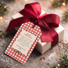 レトロなリボンの赤いギンガムチェックのクリスマス ギフトタグ