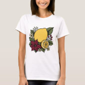 レトロなレモンと赤いポインセチアの花の植物画 Tシャツ (正面)