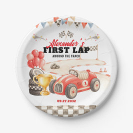 レトロなレースカーがサーキットを1周目で走る誕生日 ペーパープレート
