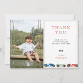 レトロなレースカーのテーマの誕生日写真 サンキューカード (正面)