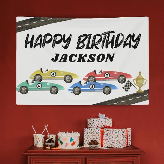 レトロなレースカーの子供の誕生日 横断幕