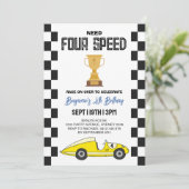 レトロなレースカーの4歳の誕生日パーティー 招待状 (スタンド正面)
