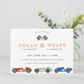 レトロなレースカーをテーマにした共同誕生日パーティー 招待状 (スタンド正面)