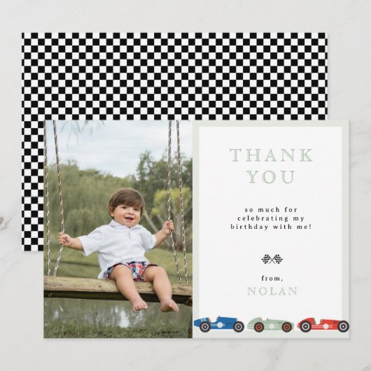レトロなレースカーをテーマにした誕生日の写真 サンキューカード (正面/裏面)