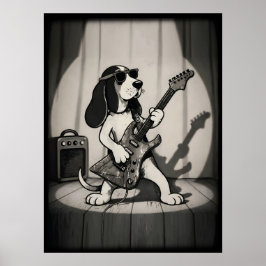 レトロなロックスターバセットハウンドギタリストモノクローム ポスター