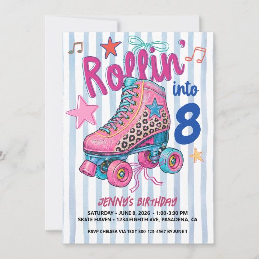 レトロなローラースケートの女の子の誕生日 Let's Roll ピンク 招待状 (正面)