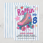 レトロなローラースケートの女の子の誕生日 Let's Roll ピンク 招待状 (正面/裏面)