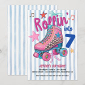 レトロなローラースケートの女の子 7歳の誕生日おめでとう Let's Roll 招待状 (正面/裏面)