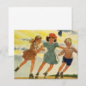 レトロなローラー スケートの楽しみ 子どもたち 男の子と女の子 招待状 (正面/裏面)