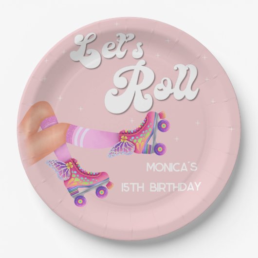 レトロなロー転がラスケートの誕生日パーティー ペーパープレート (正面)