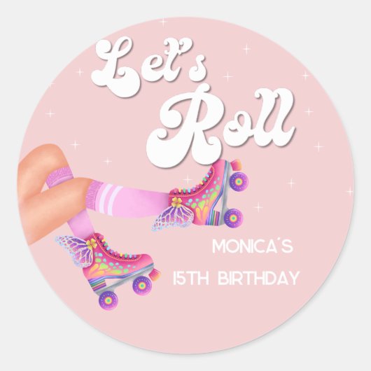 レトロなロー転がラスケートの誕生日パーティー ラウンドシール (正面)