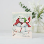 レトロなヴィンテージのキスをするクリスマスの雪のカップル シーズンポストカード (スタンド正面)