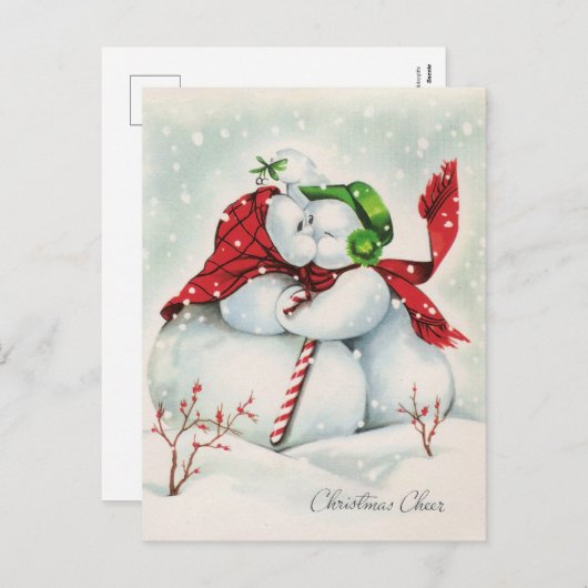 レトロなヴィンテージのキスをするクリスマスの雪のカップル シーズンポストカード (正面/裏面)