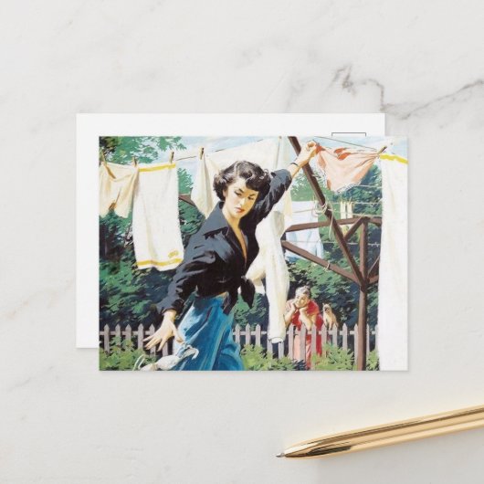 レトロなヴィンテージの洗濯の女性 ポストカード (正面/裏面インサイチュ)