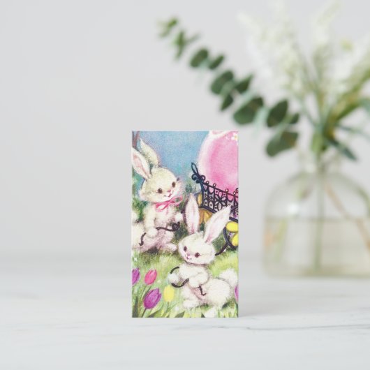 レトロなヴィンテージイースターのバニーが挨拶をする 名刺 (スタンド正面)