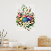 レトロなヴィンテージイースターエッグバスケットの装飾ポスター ポスター (キッチン)