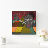 レトロなヴィンテージカラーの抽象芸術アフリカンマスク スクエア壁時計 (ホーム)