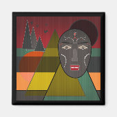 レトロなヴィンテージカラーの抽象芸術アフリカンマスク マグネット (正面)