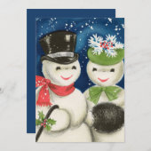 レトロなヴィンテージクリスマスの雪のカップルを追加気持ち シーズンカード (正面/裏面)